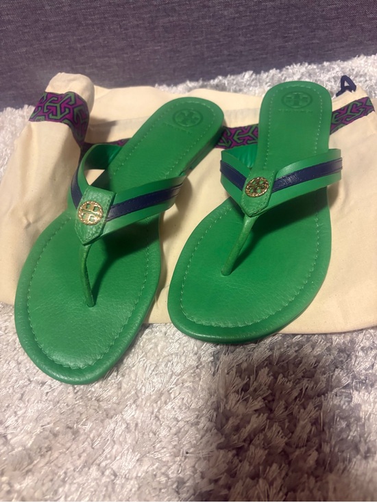 Tory Burch Shoes - Tory Burch Green Leather Thong Sandals with Navy Straps and Gold Logo